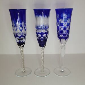 Vintage Bohemian Czech Cobalt Blue Cut Clear Wine Stem Champagne Flute Glass